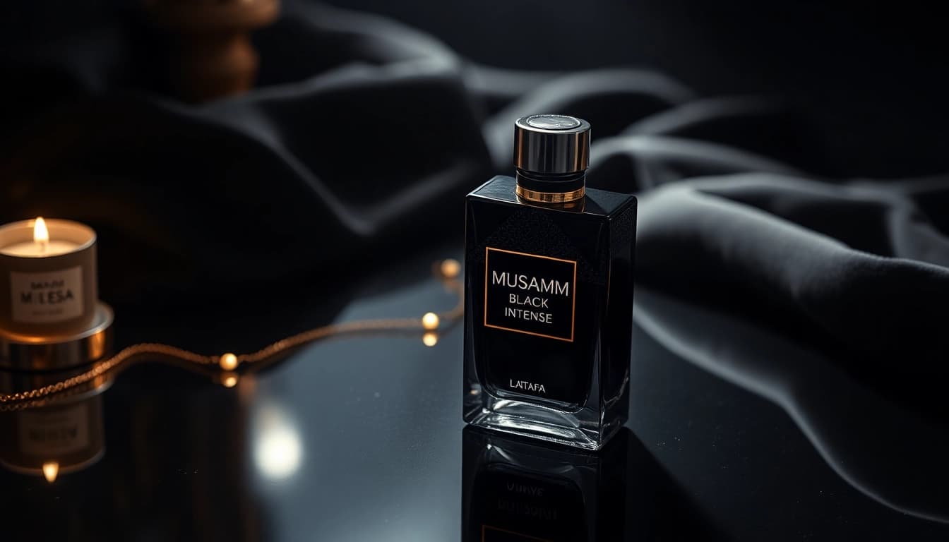 Experience the luxury of Musamam Black Intense by Lattafa with its exquisite bottle design on display.