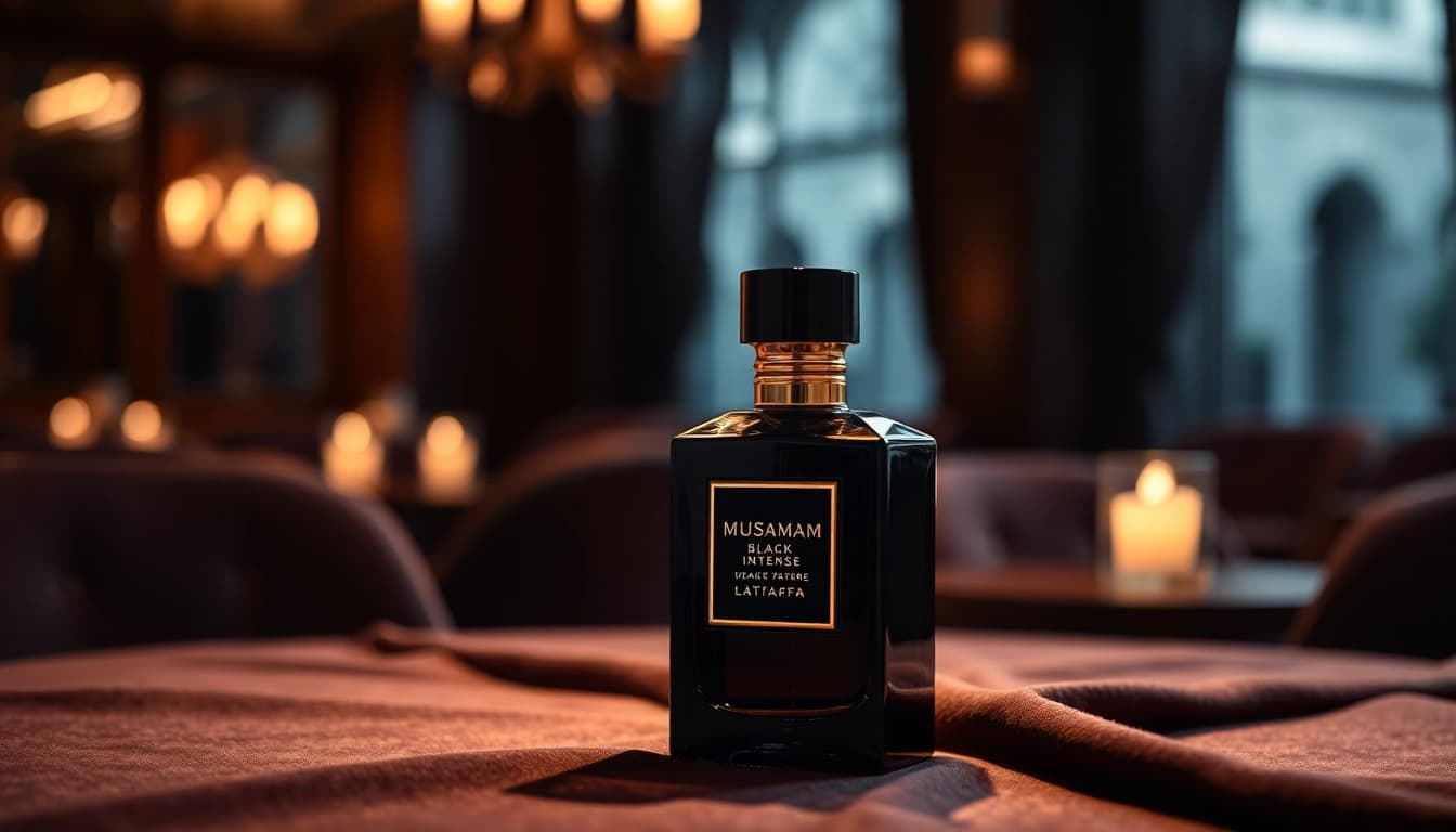De Musamam Black Intense by Lattafa, een luxe parfum op een elegante tafel met fluwelen doek.