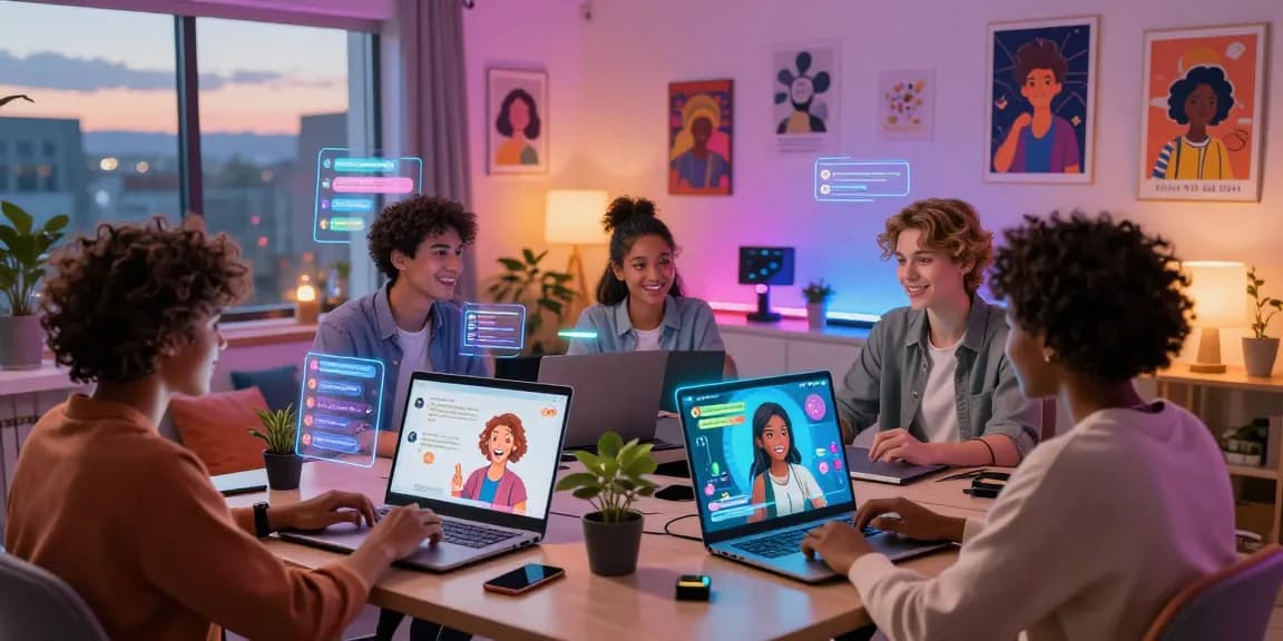 Diverse individuals engaging with NSFW character AI chat companions, highlighting personalized roleplay experiences in a tech-friendly home setting.