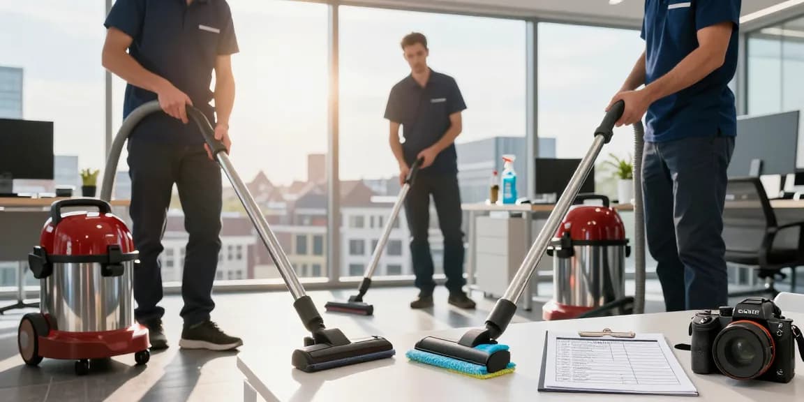 Professional cleaners from a schoonmaakbedrijf den haag ensuring a spotless office space with advanced equipment and eco-friendly products.