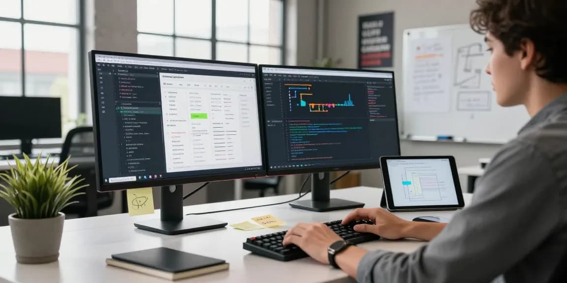 Build internal tools with AI in a modern tech workspace showing a developer creating effective solutions with dual monitors and a vibrant office.