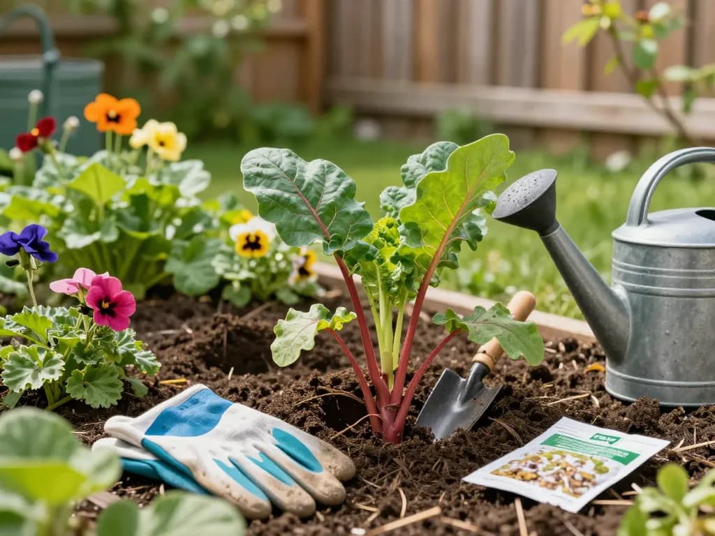 Gardener planting rabarber planten in a lush home garden.