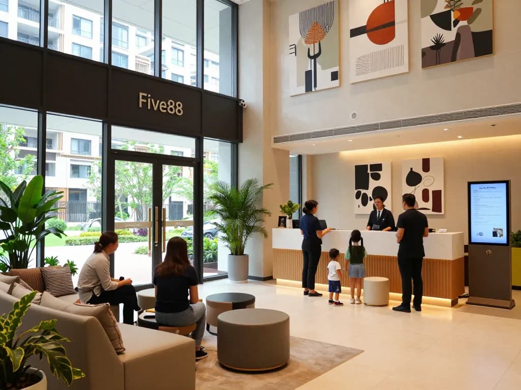 Five88 apartment lobby with welcoming atmosphere, modern design, and resident interactions, showcasing vibrant urban living.