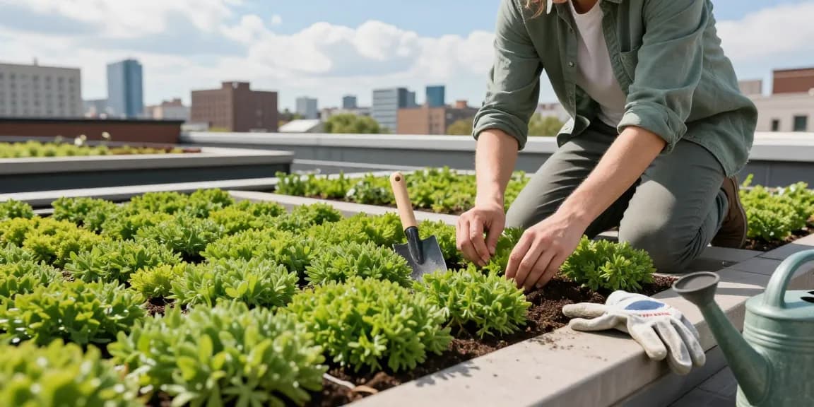 Wat kost een groen dak? Een persoon die sedum plant op een levendige stedelijke daktuin die duurzaam leven toont.