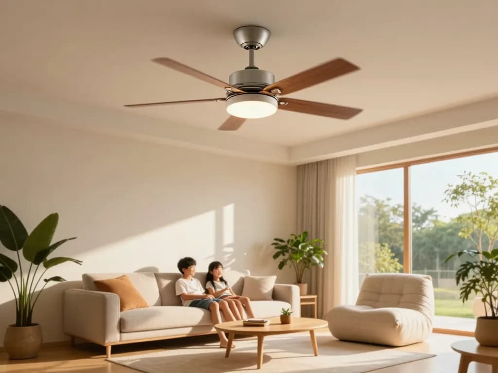 Plafondventilator zomerstand in een moderne woonkamer, gezin geniet van een koele bries.
