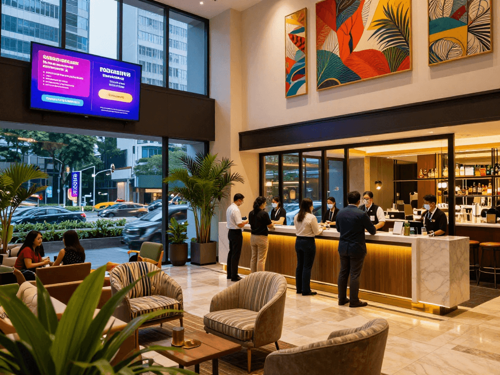 Relaxed hotel lobby at rokok88 with welcoming atmosphere and promotional offers.