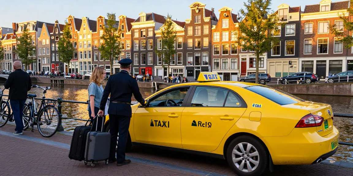 Taxi centrale amsterdam scene with driver assisting passenger in vibrant urban setting