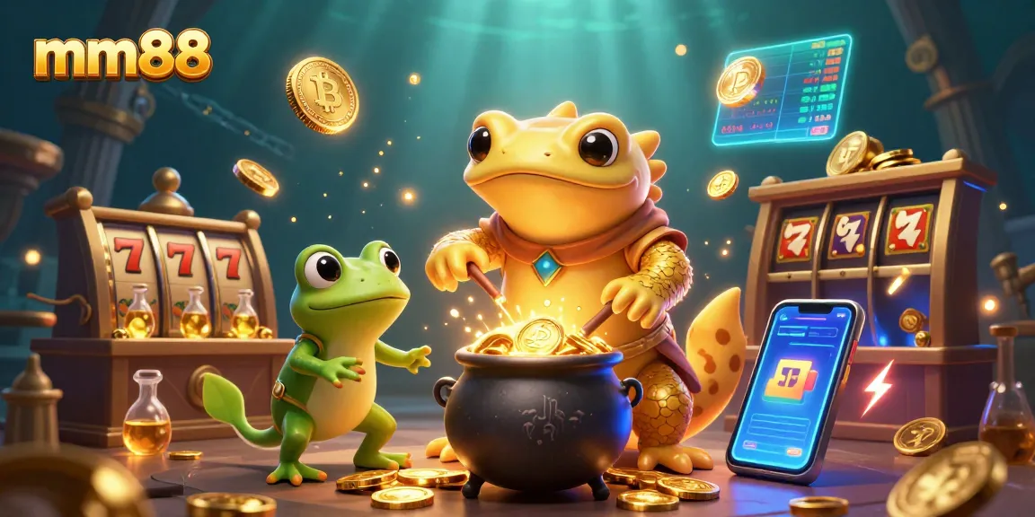 Engage in excitement with mm88 casino slots amidst magical golden alchemy and vivid digital effects.