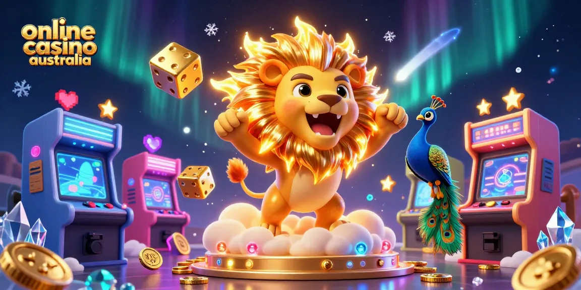 Experience the excitement of online casino Australia with a vibrant 3D casino scene featuring a roaring sun lion.