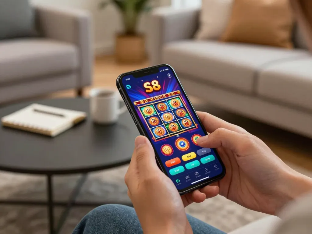 Hands using the S8 com casino app on a smartphone in a cozy living room setting.