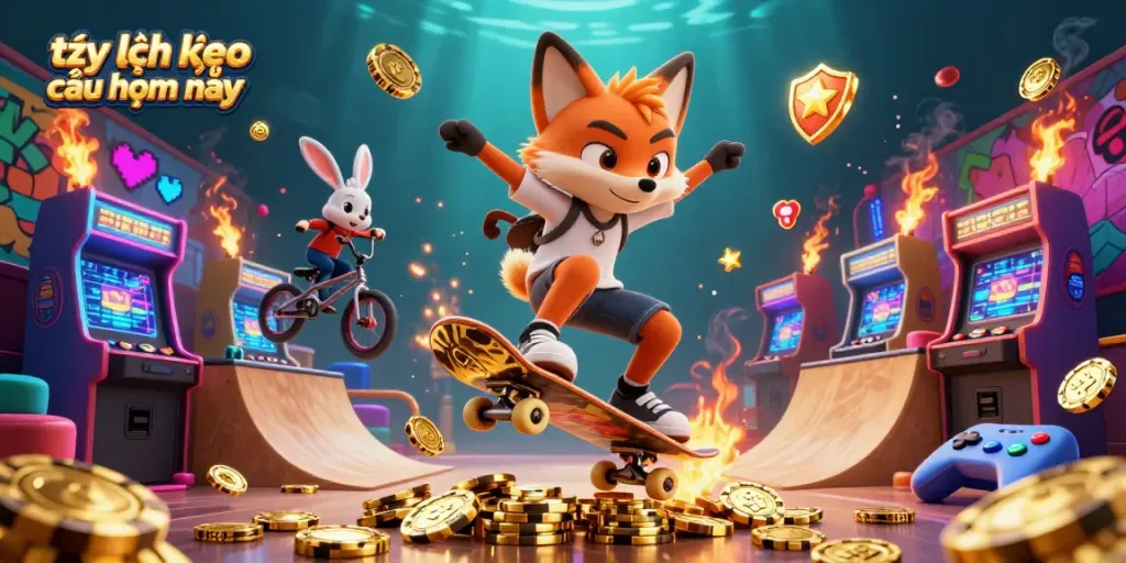 Engage with tỷ lệ kèo nhà cái hôm nay as a vibrant 3D scene featuring risky skateboard tricks and casino symbols.
