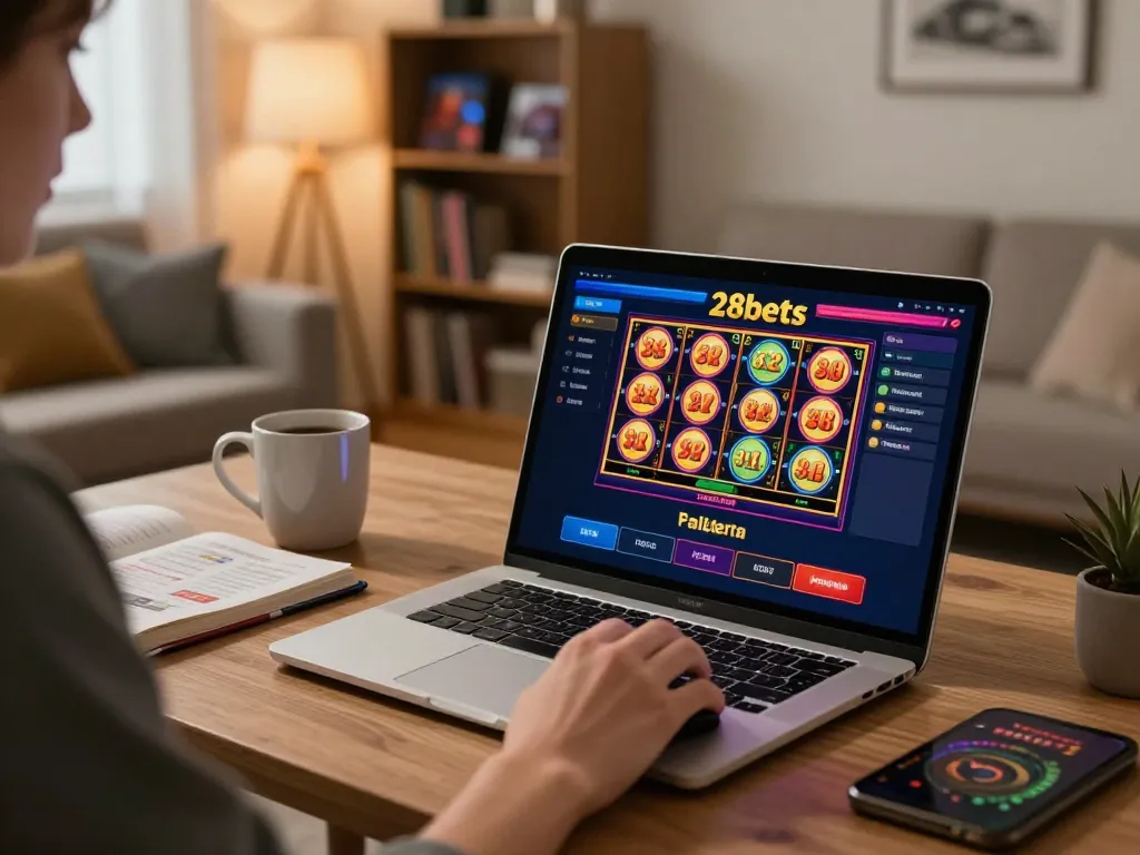 Player engaging with 28bets online casino interface, warm lighting creating a cozy gaming atmosphere