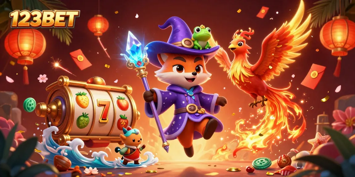 Spin the reels at 123BET with a magical wizard fox and a fiery phoenix amidst vibrant casino elements.