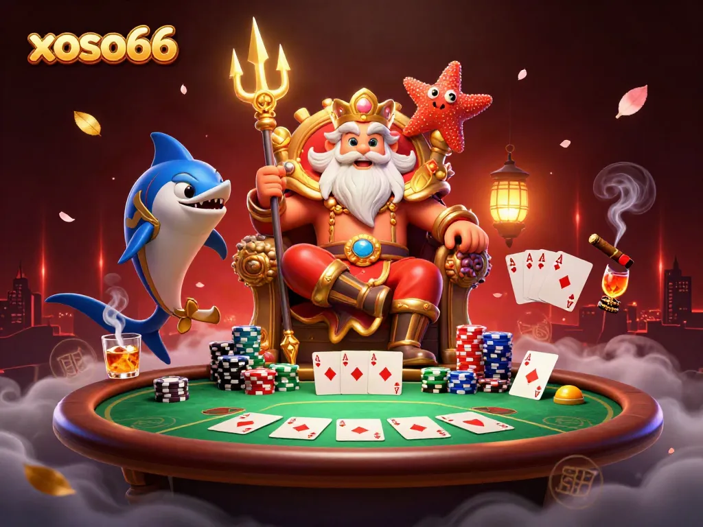 Engage with xoso66’s exciting poker scene featuring Neptune and samurai flanked by vibrant gaming elements.