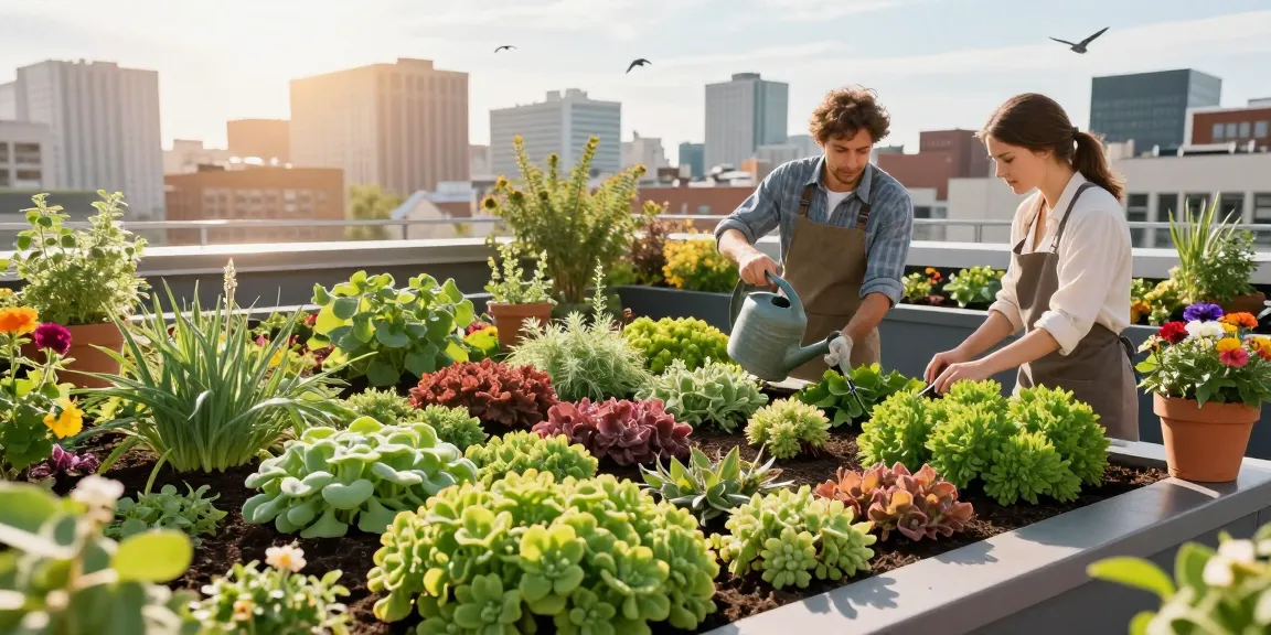 Wat kost een groen dak? Een stel dat een levendig sedumdak onderhoudt, en zo stedelijke tuinbouw en duurzaamheid laat zien.