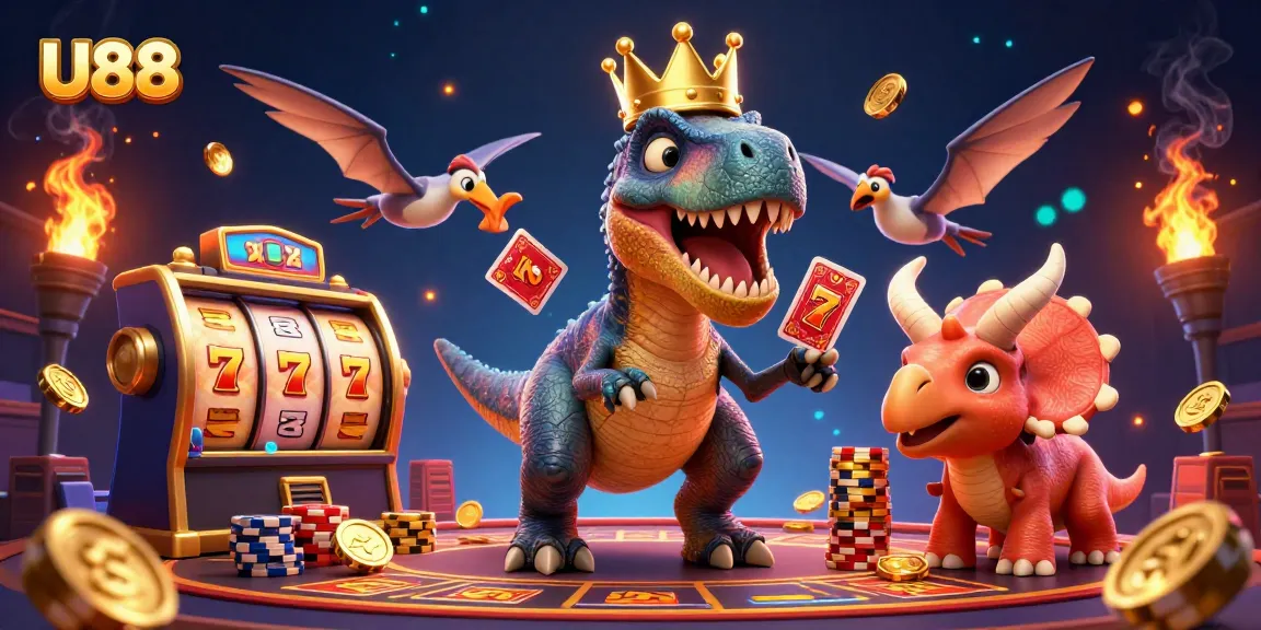 Join U88's thrilling gaming adventure with friendly dinosaur characters at an exciting casino.
