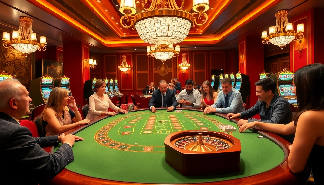 Players enjoying games at Jun88 casino, featuring a vibrant poker table and slot machines.