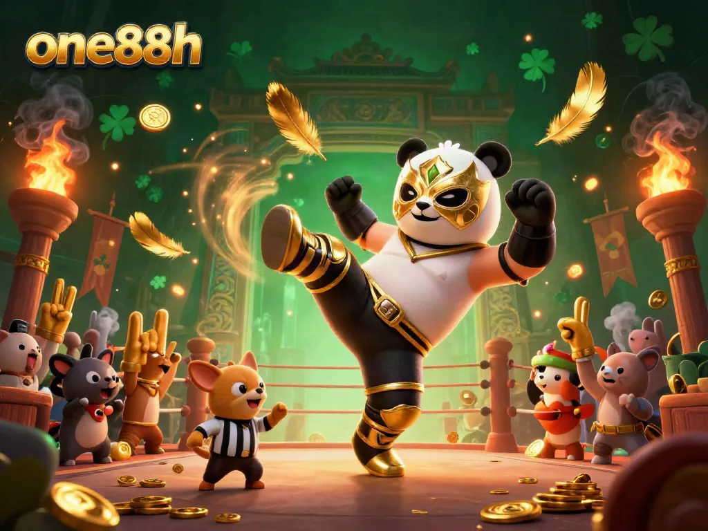 Exciting action at one88h with a panda wrestling champion in a vibrant casino arena.