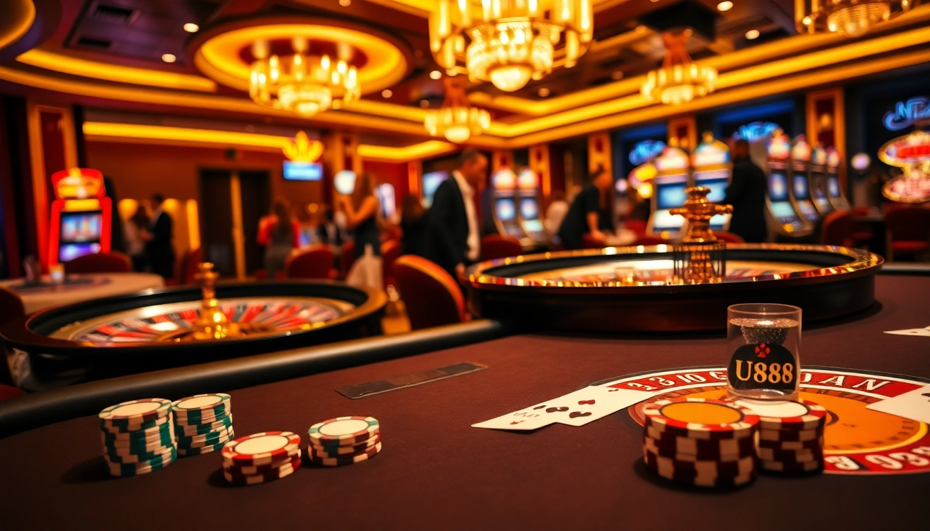 U888 branded poker table with high-end chips and cards in a luxurious casino setting.