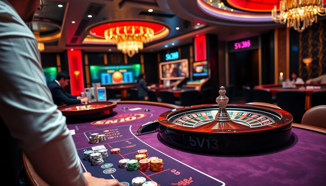 SV388 gamblers enjoying an exciting poker game at a luxurious casino.