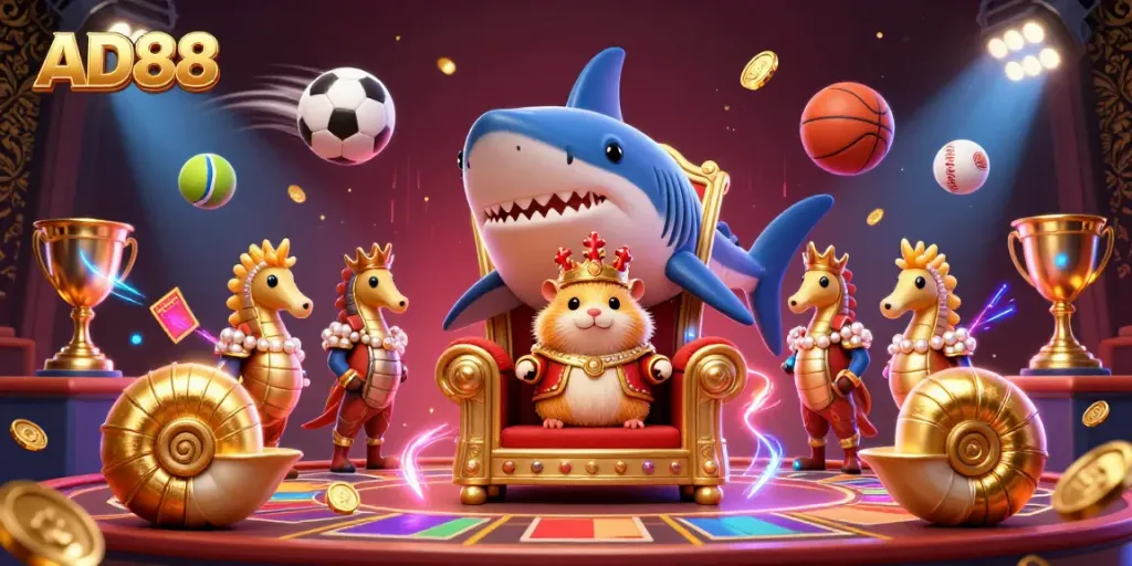 Experience the vibrant energy of AD88 with a dynamic scene showcasing sports betting elements and a fierce hamster king.