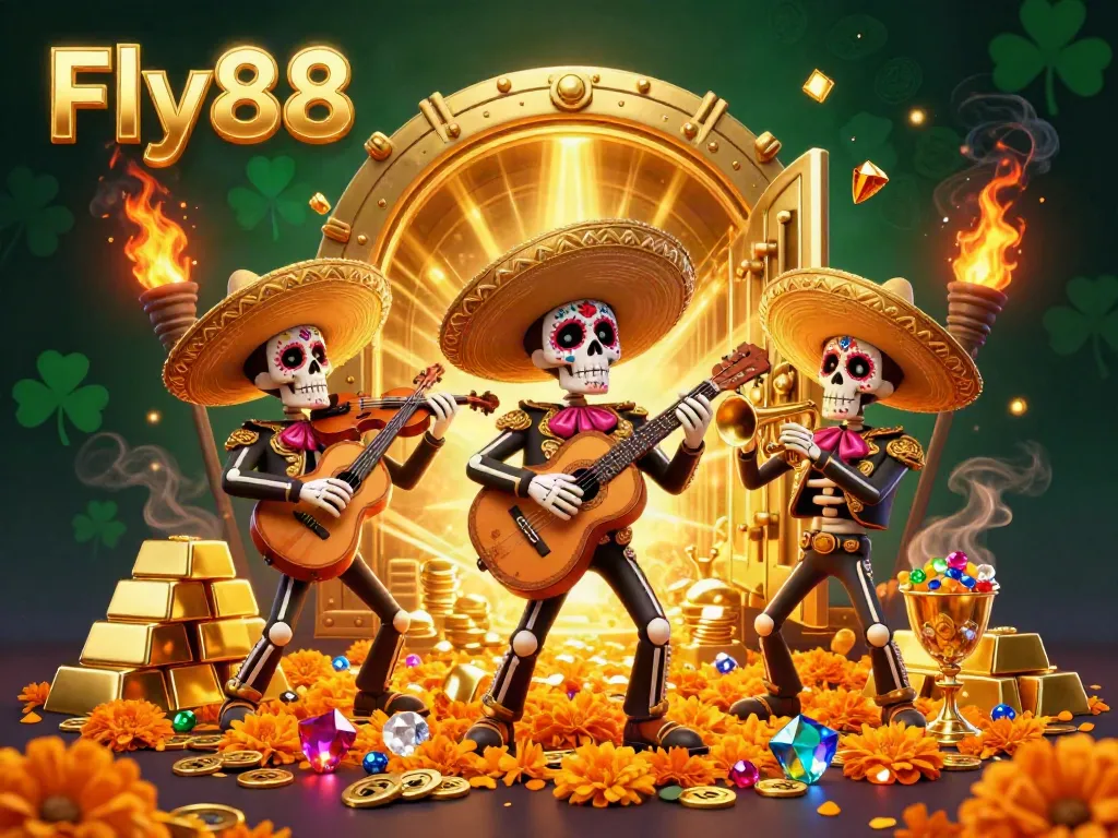 Experience thrilling games at Fly88 with a vibrant 3D mariachi band celebrating winning moments.