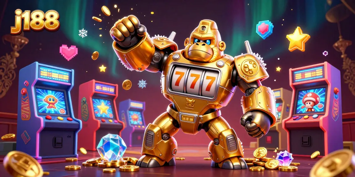 Engage with j188 for thrilling action featuring a golden gorilla mech among colorful arcade elements.