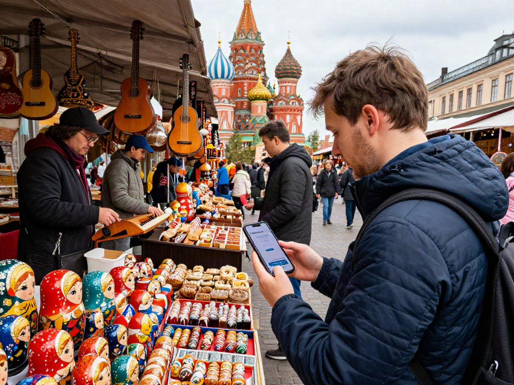 Een toerist in Moskou die de PayInRussia-app gebruikt op zijn smartphone, omgeven door kleurrijke marktstallen en lokale producten.