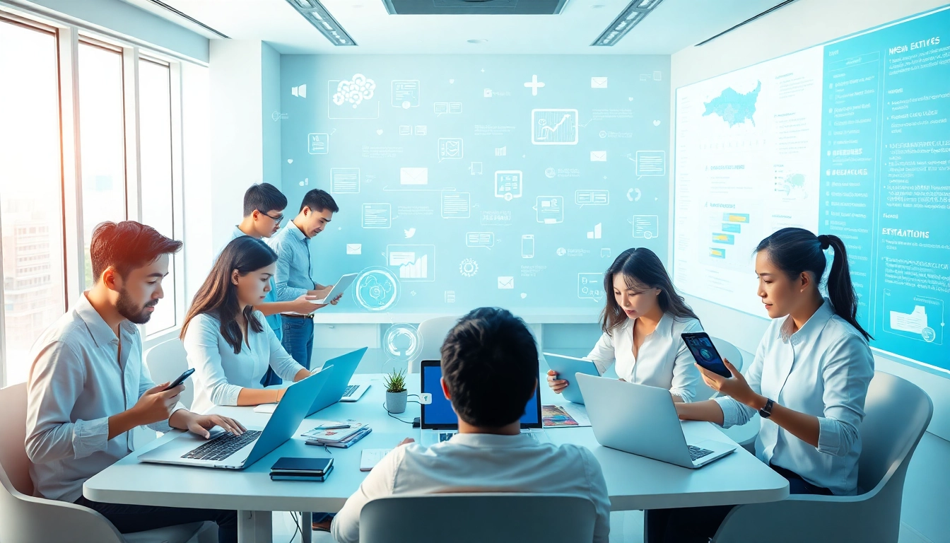 Innovative digital workspace with Youdao translation app enhancing communication among diverse professionals.
