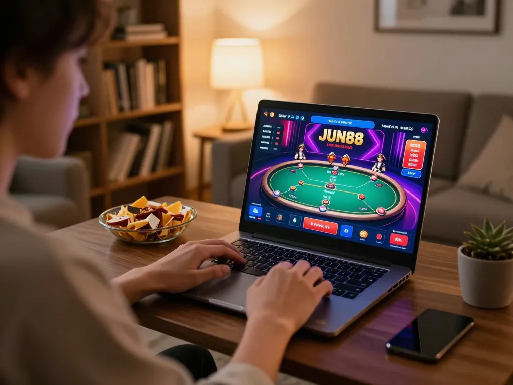 Player engaging in exciting poker gameplay on JUN88's online platform in a cozy home setting.