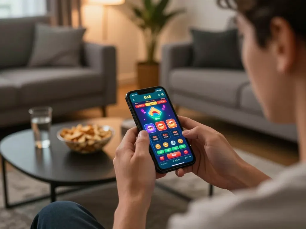 Engaging player enjoying Go8 app on smartphone during home gaming session.