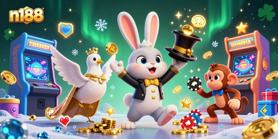 Experience the thrill of n188 with a magician rabbit conjuring coins alongside an engaging casino atmosphere.