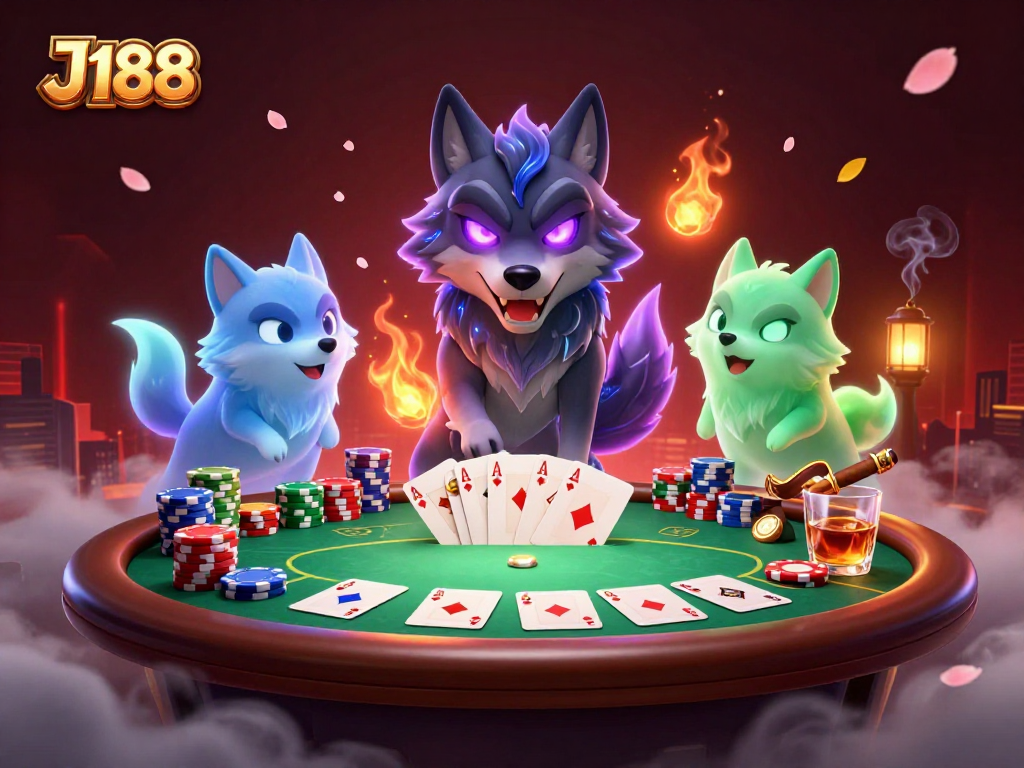 Experience the thrill of J188 with a lively poker scene featuring spectral wolves and vibrant gaming elements.