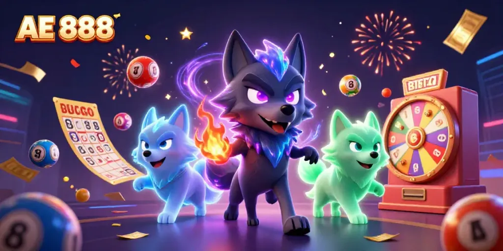 Win big with AE 888 as cartoon wolves celebrate amidst colorful dynamic game elements.