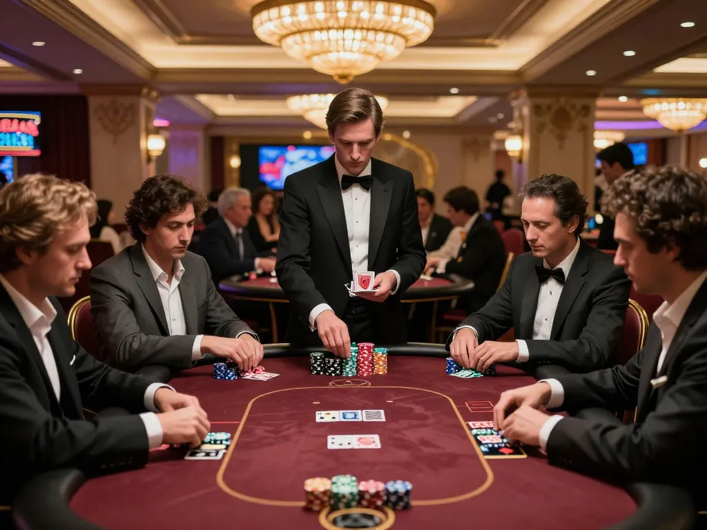 Players engaging in a thrilling KK44 poker game with colorful chips and dealer action.