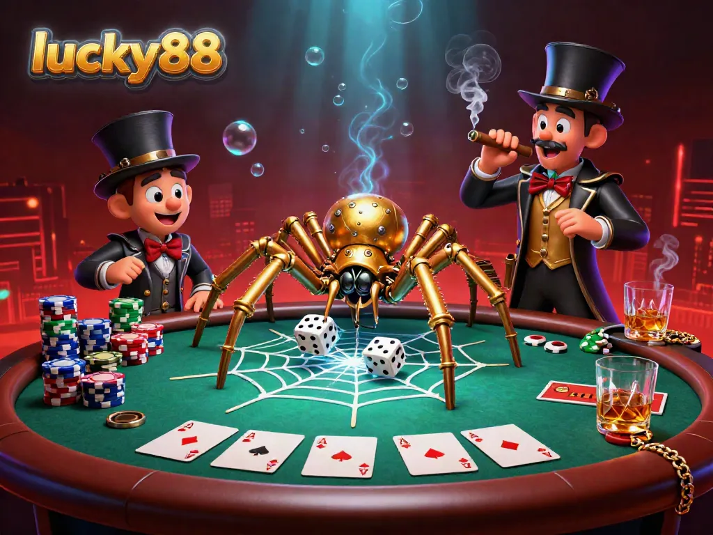 Experience exciting gameplay at lucky88 with a charming steampunk spider and a Victorian fly gentleman in a rich casino scene.
