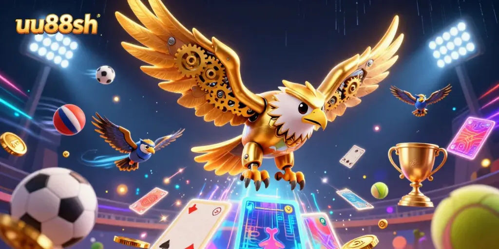 Experience thrilling gameplay with the uu88sh golden eagle diving among sports elements and holographic cards.