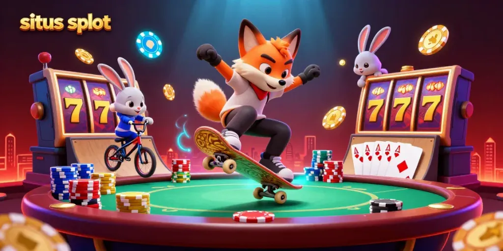 Experience the excitement of situs slot with a vibrant 3D cartoon illustration showcasing a skateboarder fox performing tricks in a casino-themed environment.