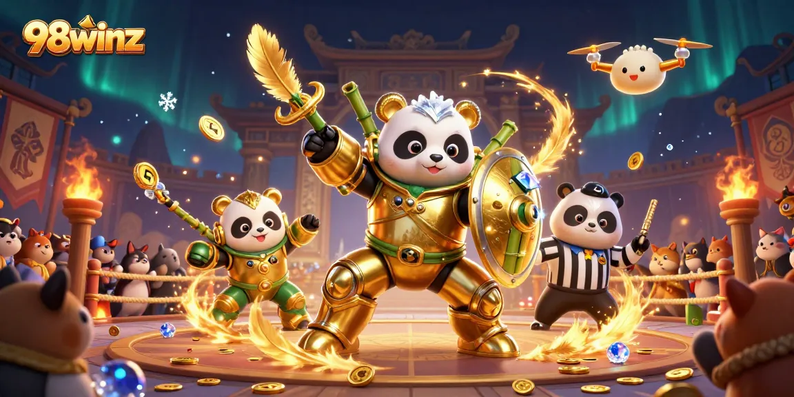 Engage in thrilling gameplay with 98winz as a golden panda fights in a vibrant casino arena.