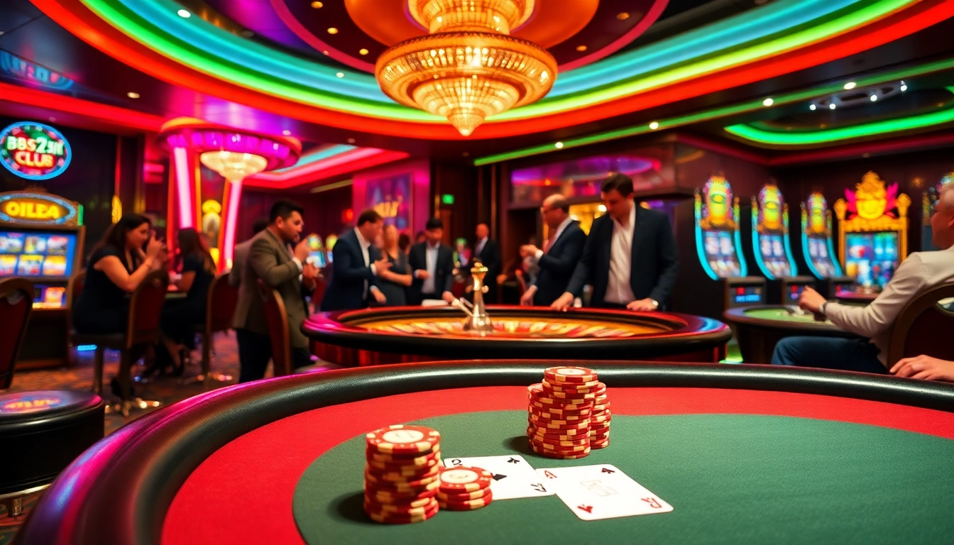 Experience the thrill of B52 Club with poker chips and spinning roulette wheels in a vibrant casino.