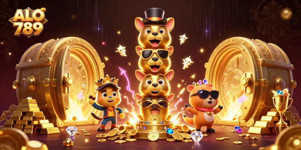 Experience ALO 789's vibrant 3D casino scene brimming with gold treasures and animated excitement.