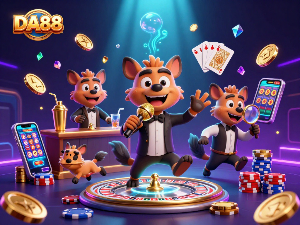 Experience the vibrant DA88 casino scene with hyenas in action, comedy, and gambling excitement.