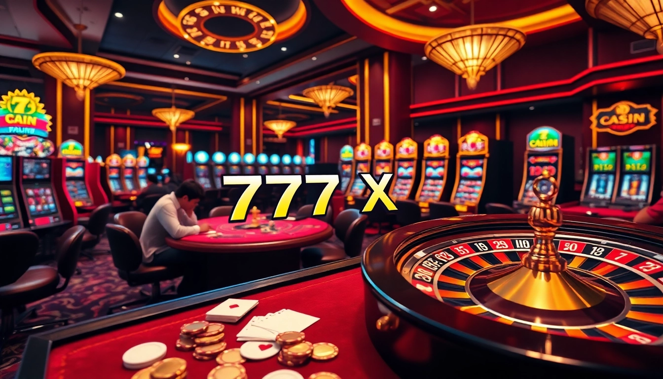 Engage in the thrill of gambling with 777X APK displayed on mobile devices amidst a luxurious casino scene.
