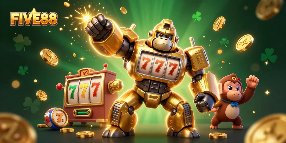 Experience thrilling gaming at FIVE88 with a 3D golden gorilla mech and vibrant casino elements.