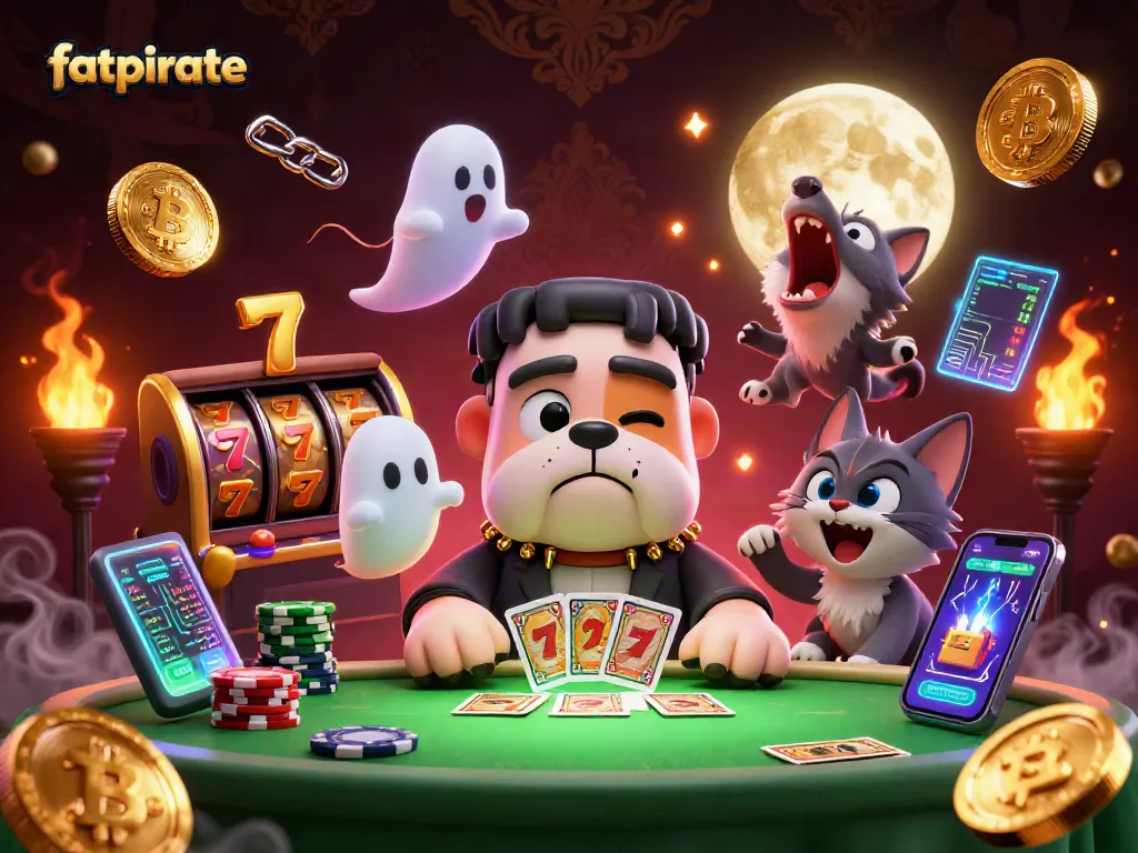 Join the fatpirate casino adventure with a creative card game scene featuring unique characters and crypto elements.