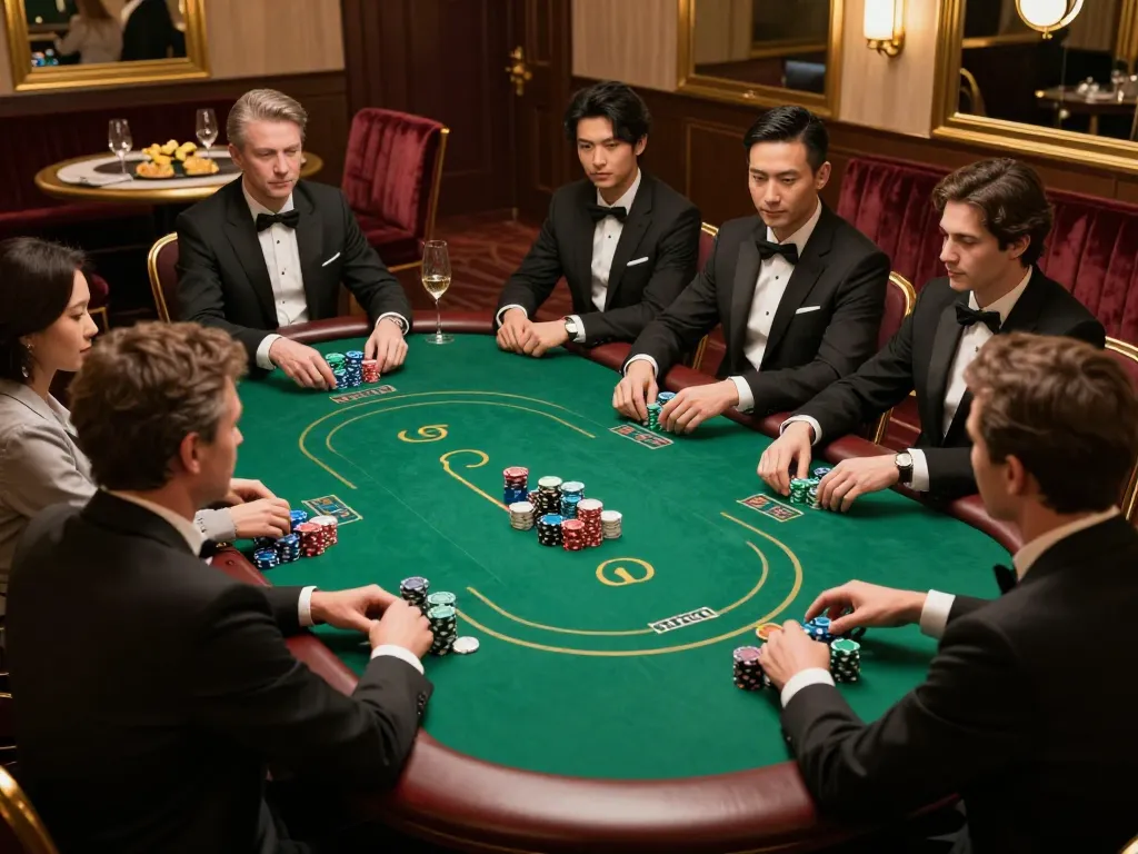 vin88sa exclusive poker game in a luxury VIP room with engaged players and high stacks of chips.