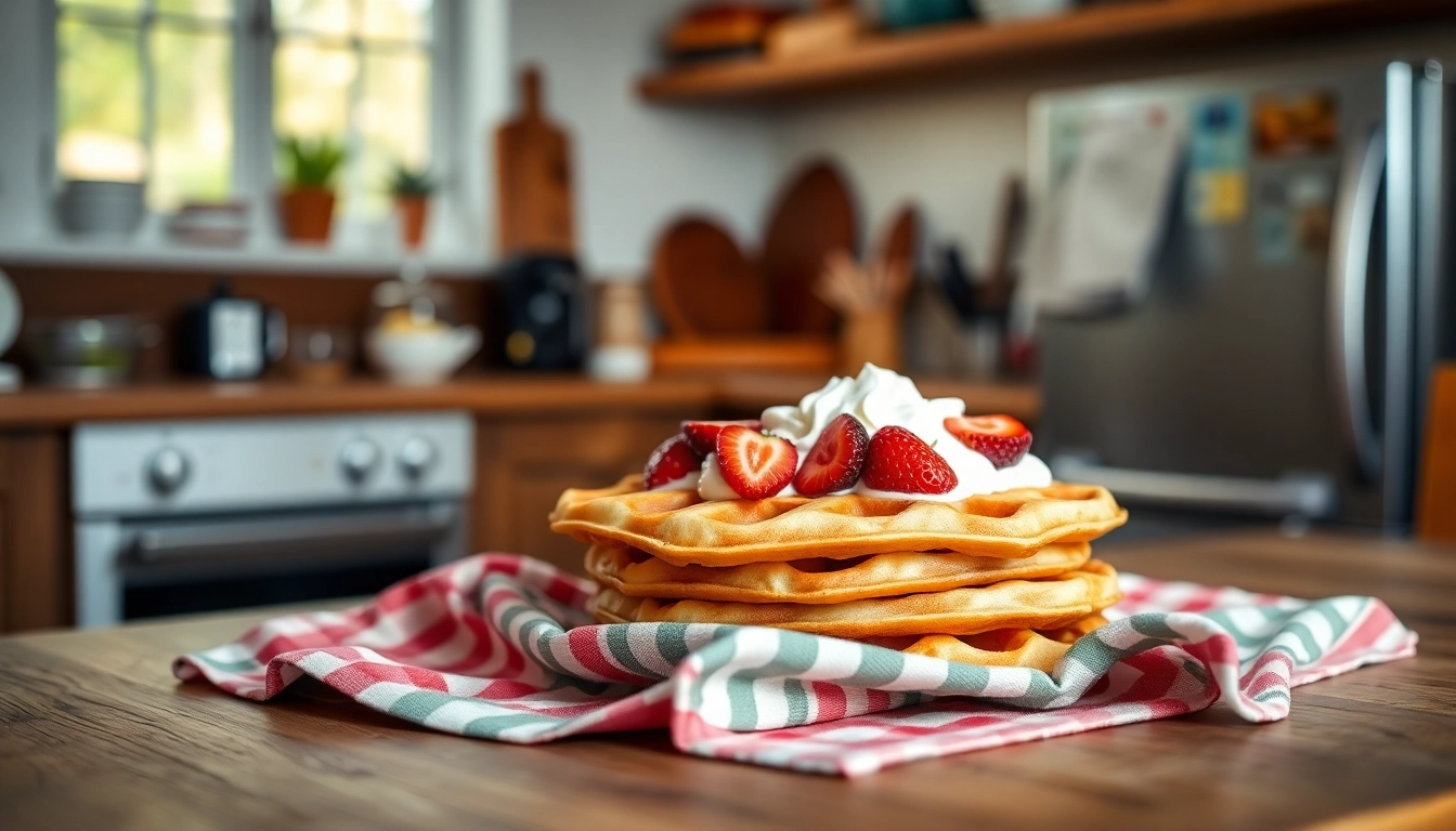 Wafeldoek in a cozy kitchen setting with fresh waffles and berries.