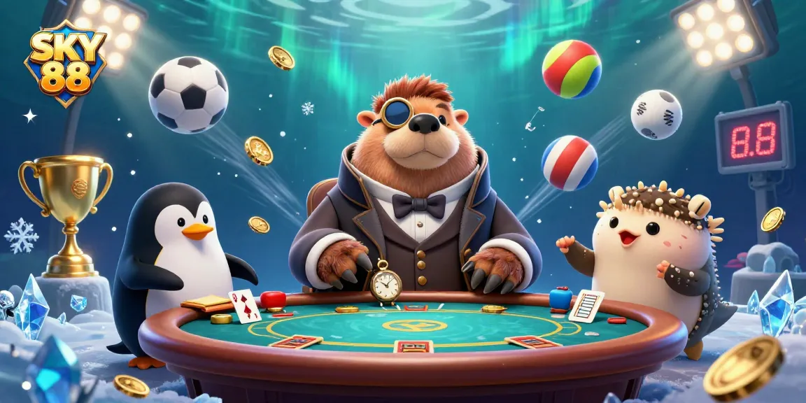 Experience the excitement of SKY 88 with a jolly walrus in a thrilling poker game scene.