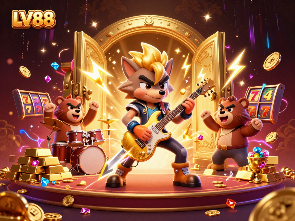 Experience the excitement of LV88 as a rock star wolf performs on stage surrounded by treasures and slot elements.