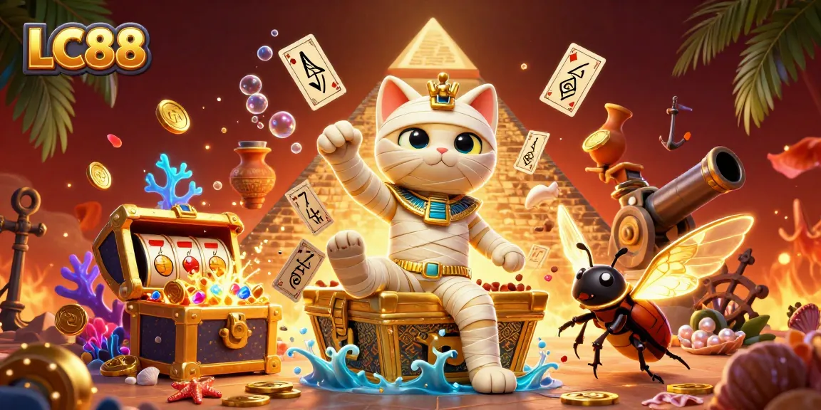 Witness the Egyptian mummy cat in the LC88 pyramid casino surrounded by slot reels and treasures!